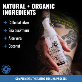 Saniderm bottle in hand for size comparison highlighting TSA-friendly travel benefit