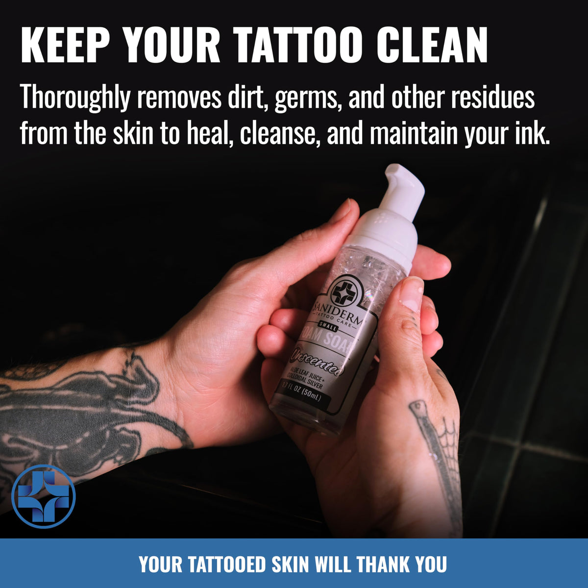 Saniderm bottle on studio sink organized for fast aftercare
