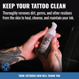 Saniderm bottle on studio sink organized for fast aftercare