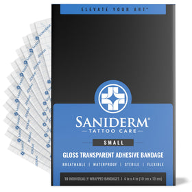 Saniderm front packaging showing 4x4 sterile sheets and protection