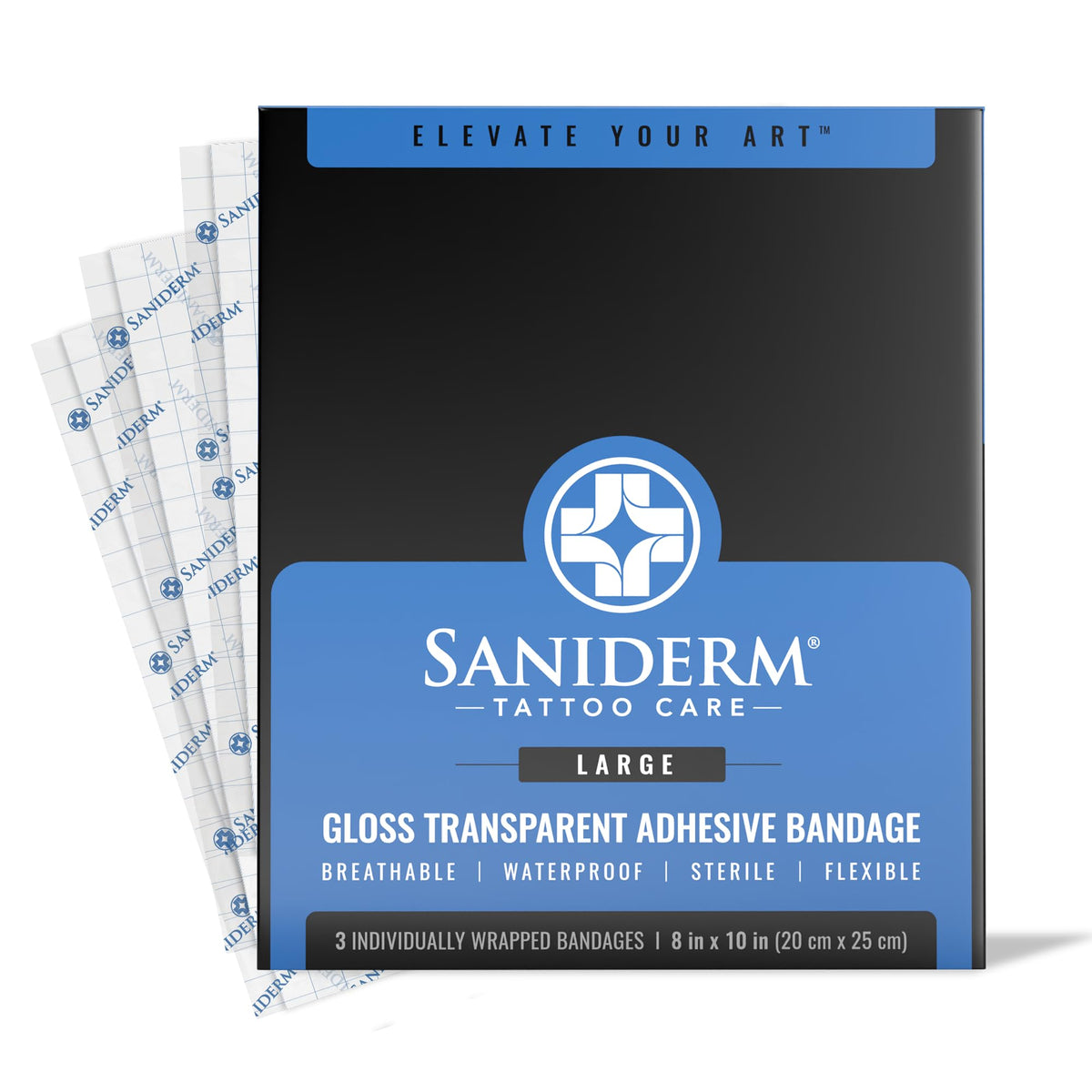 Saniderm front packaging showing large 8x10 sheets and benefits