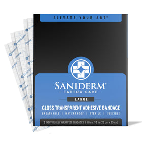 Saniderm front packaging showing large 8x10 sheets and benefits