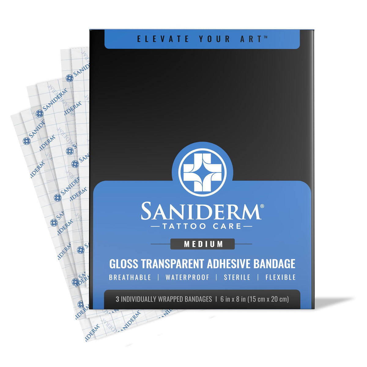 Saniderm front pack showing brand and medium sheet count for quick identification and trust