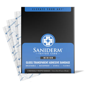 Saniderm front pack showing brand and medium sheet count for quick identification and trust