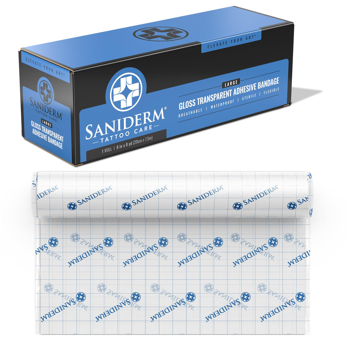 Saniderm large roll front view showing brand and roll size, protects tattoos