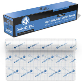 Saniderm roll front packaging showing product and dimensions and clear protection