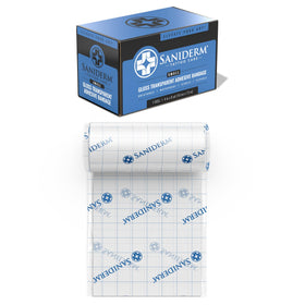 Saniderm roll front view showing brand and dimensions for clear identification and convenience