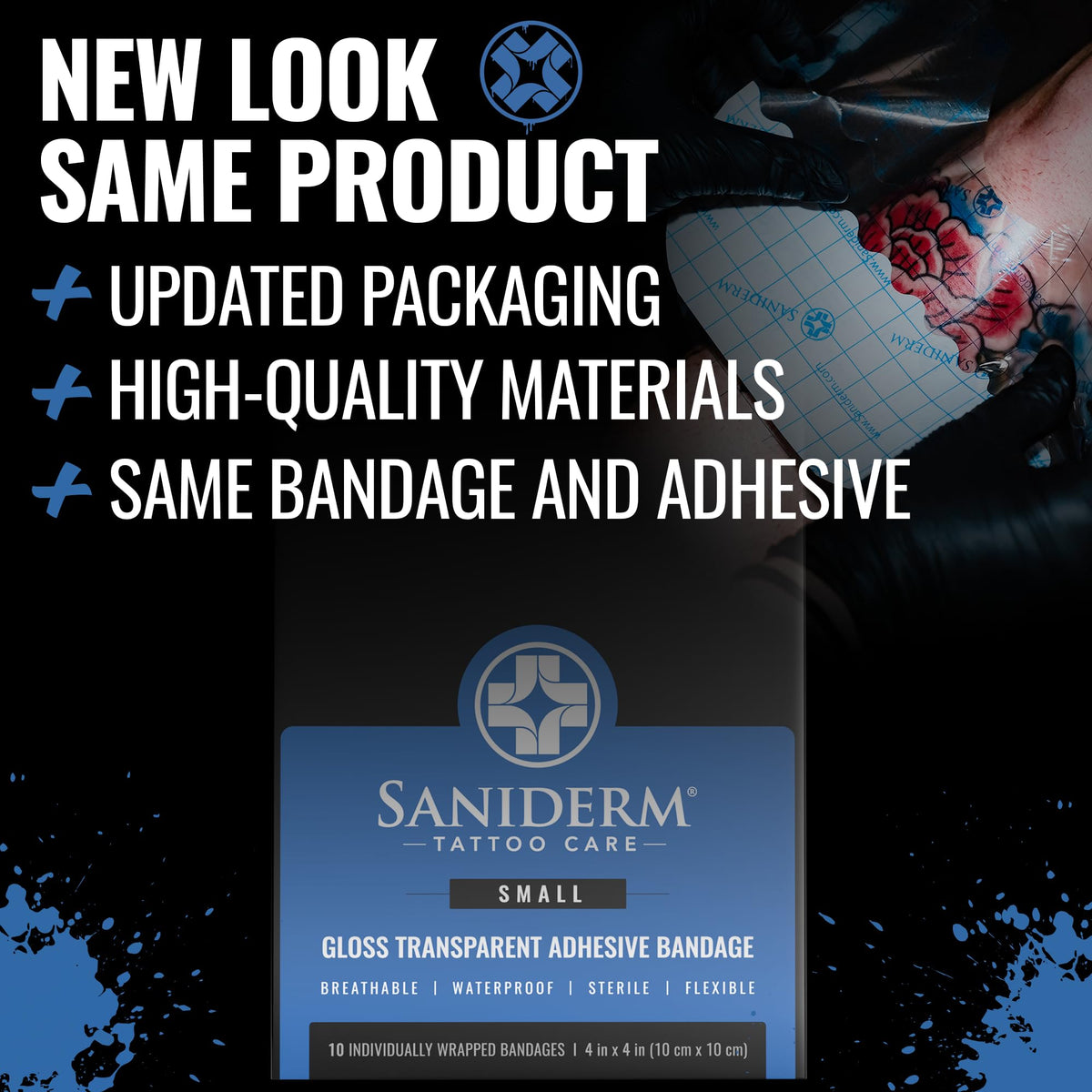 Saniderm single sheet unwrapped on hand for immediate coverage