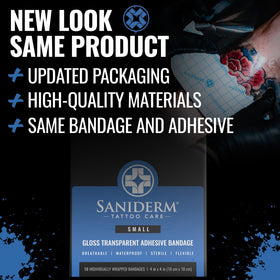 Saniderm single sheet unwrapped on hand for immediate coverage