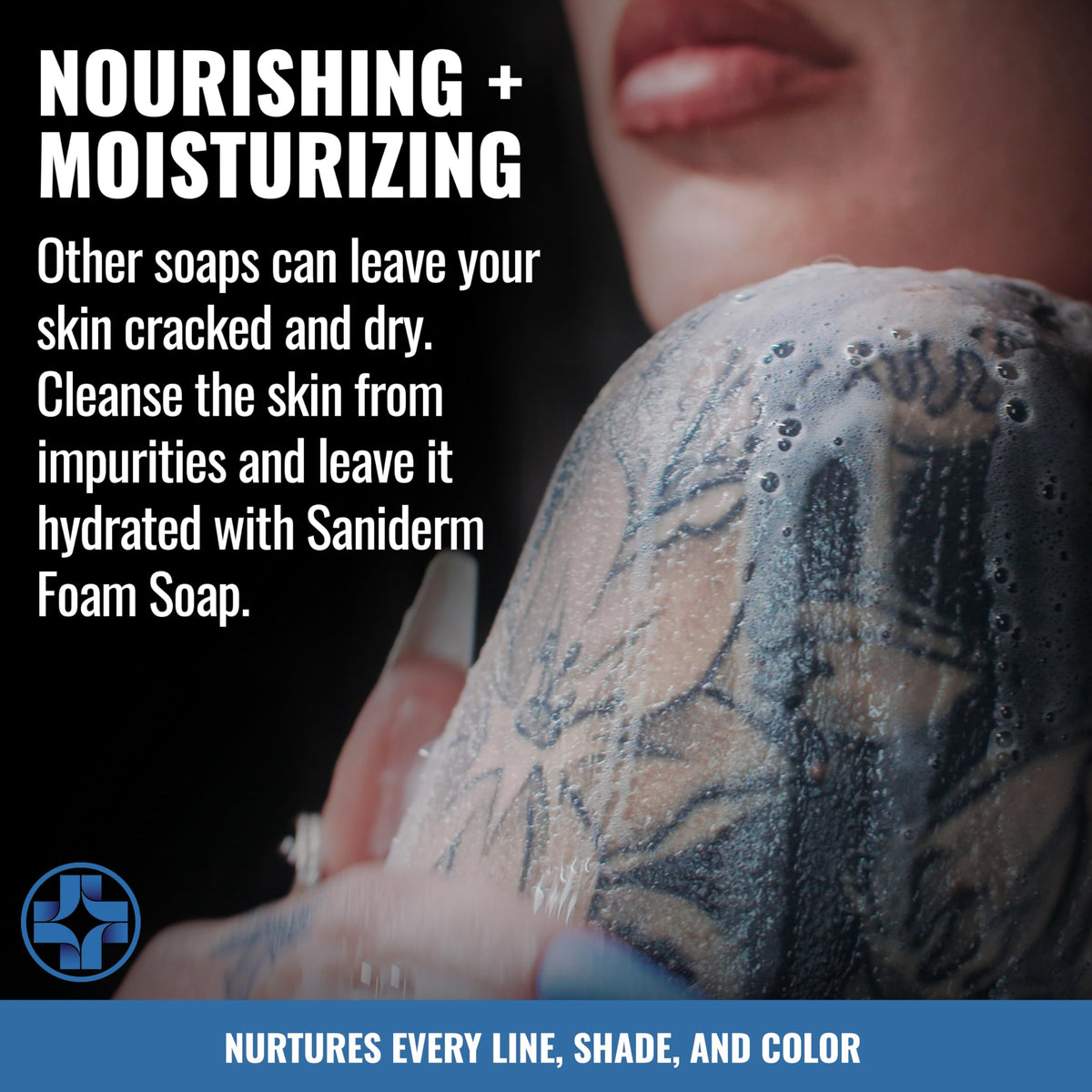 Saniderm bottle beside basin in tattoo studio promoting hygienic care