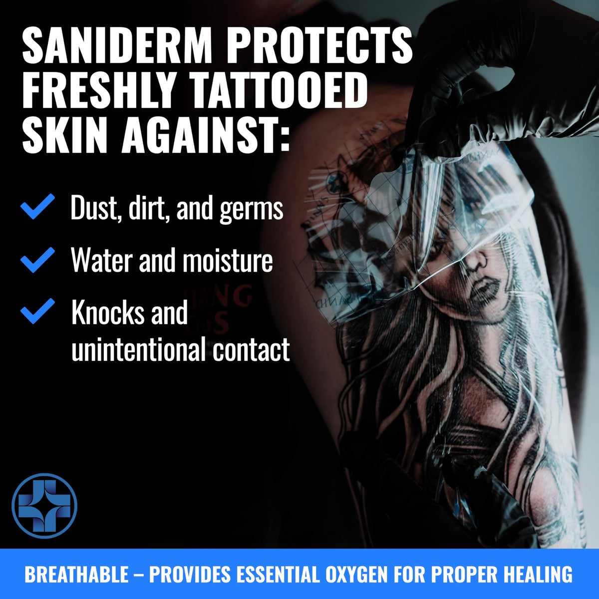 Saniderm bandage in shower scene showing waterproof feature and worry-free hygiene benefit