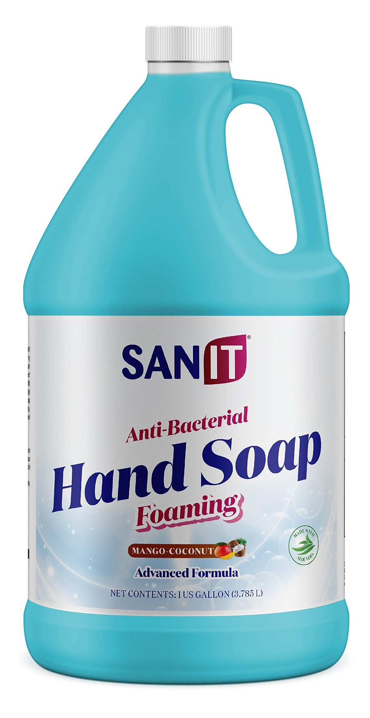 Sanit gallon front label showing mango coconut scent and product name benefits