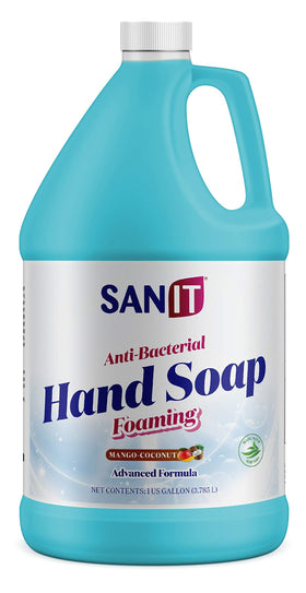 Sanit gallon front label showing mango coconut scent and product name benefits