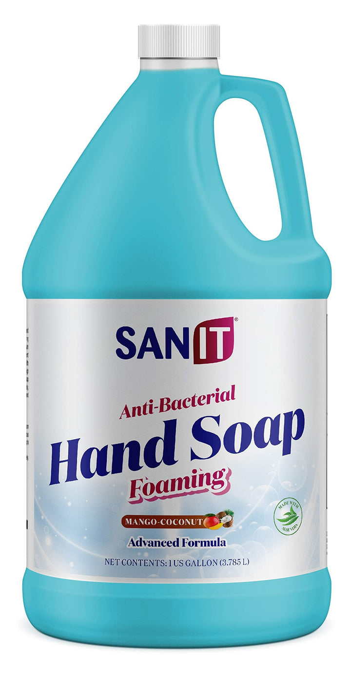 Sanit gallon front label showing mango coconut scent and product name benefits