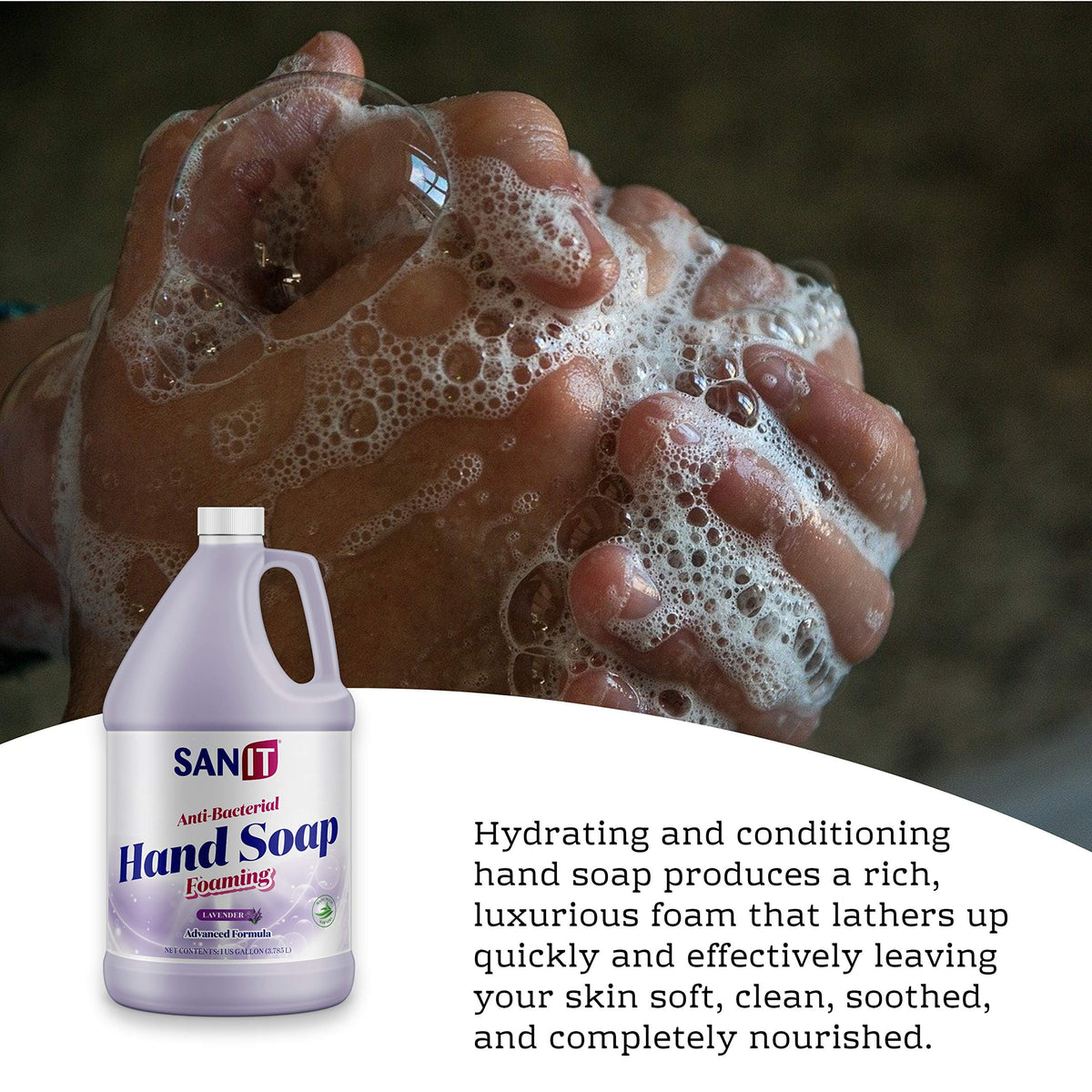 Close-up of Sanit foamy lather on hands demonstrating rich moisturizing foam