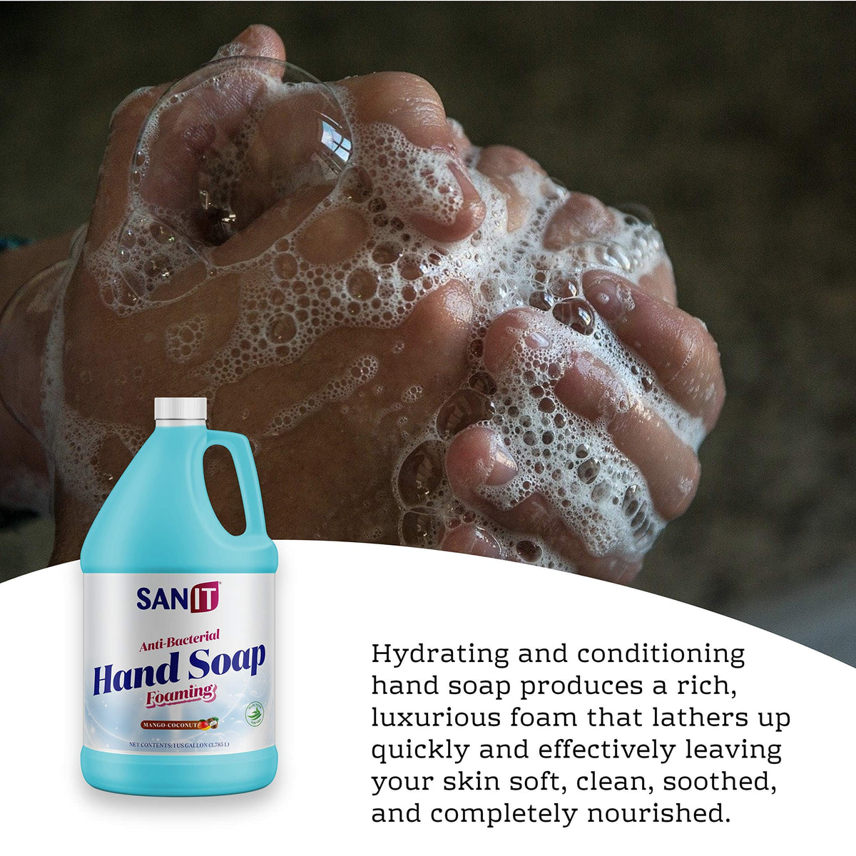 Sanit soap in a foaming pump dispenser being used at a sink for quick washes