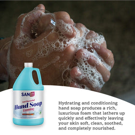 Sanit soap in a foaming pump dispenser being used at a sink for quick washes