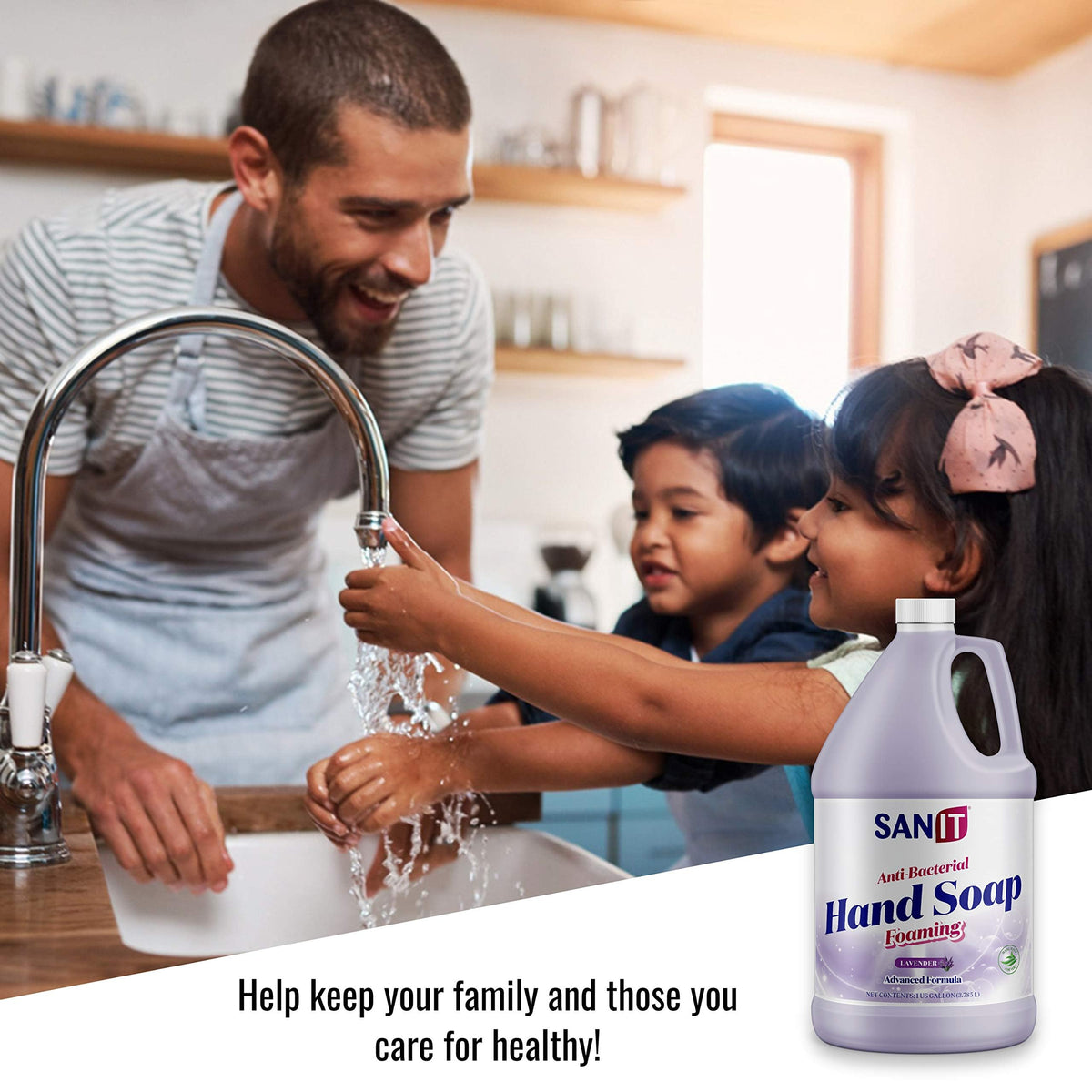 Sanit gallon next to a hand and small bottle showing refill size advantage