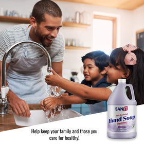 Sanit gallon next to a hand and small bottle showing refill size advantage