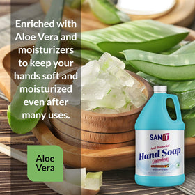 Sanit gallon held beside a hand to show scale and economical refill size