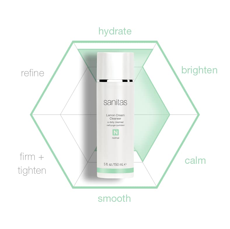 Sanitas lemon cream cleanser staged in bathroom for nourishing daily routine