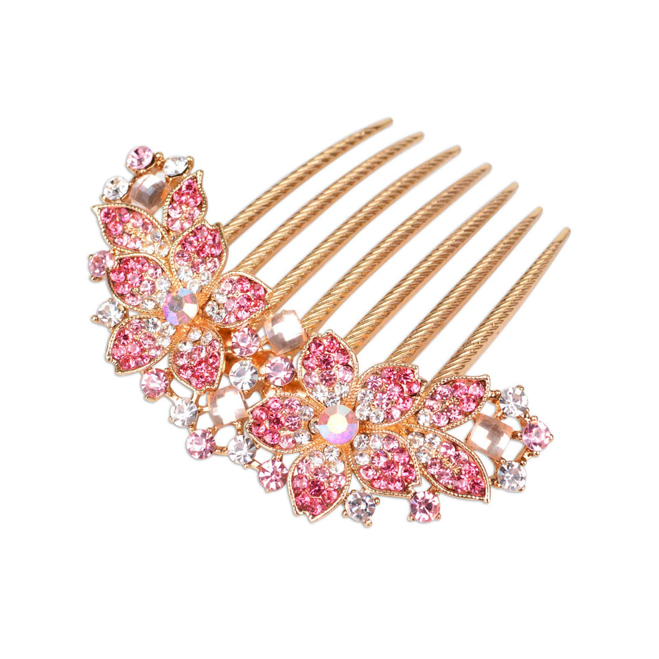 Sankuwen front view pink flower hair comb adds elegant sparkle
