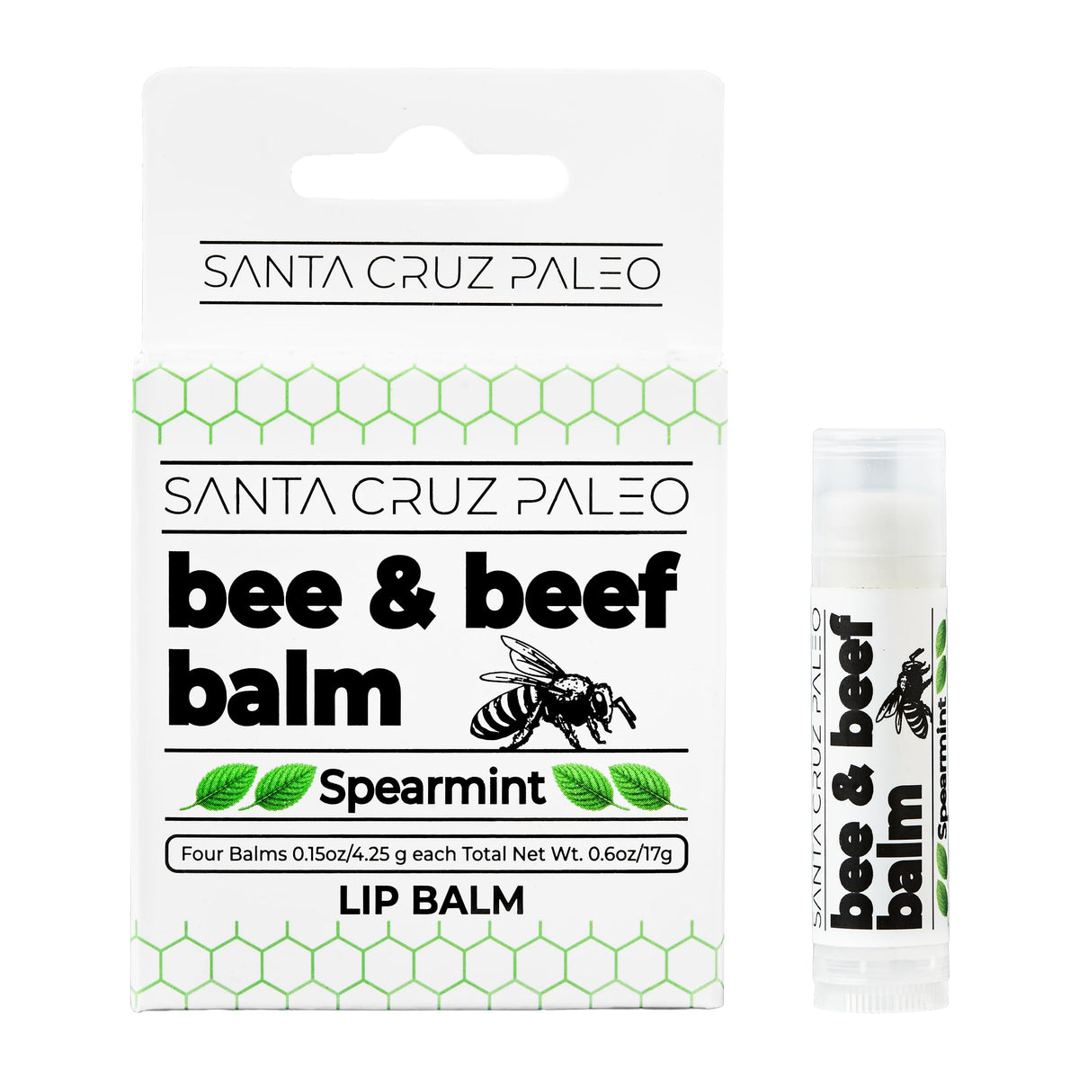 Santa Cruz Paleo front packaging showing four spearmint lip balm sticks and travel convenience