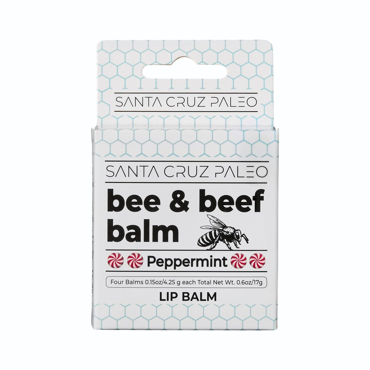 Santa Cruz Paleo front packaging showing four peppermint lip balm sticks, travel-ready protection