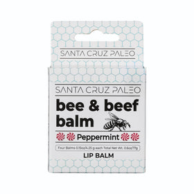 Santa Cruz Paleo front packaging showing four peppermint lip balm sticks, travel-ready protection