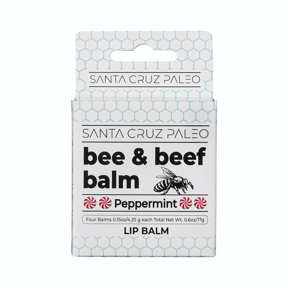 Santa Cruz Paleo front packaging showing four peppermint lip balm sticks, travel-ready protection