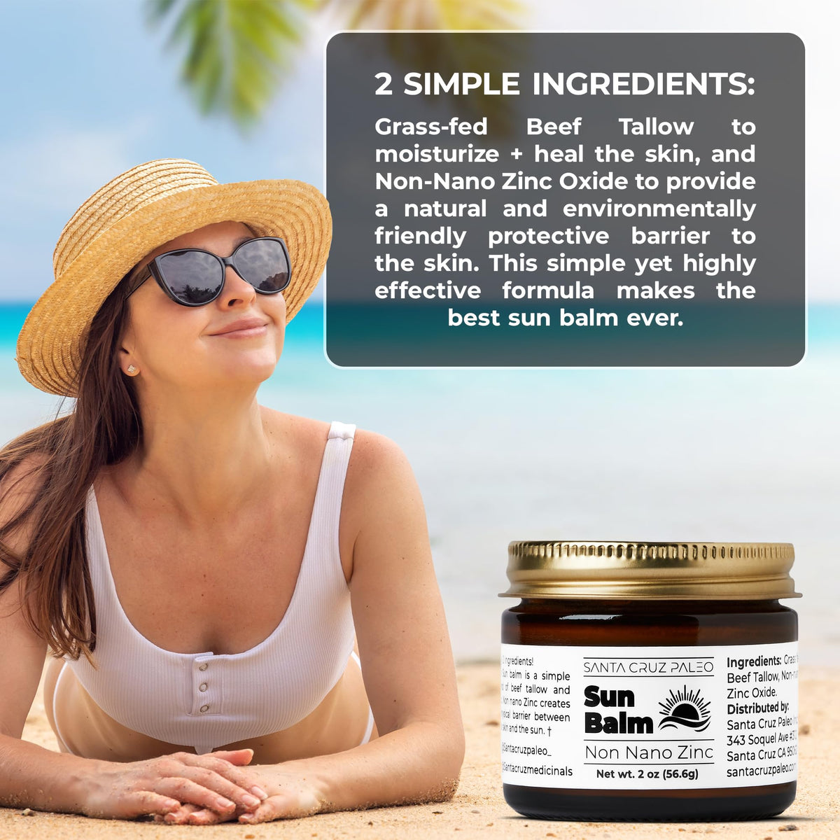 Santa Cruz Paleo ingredients display with grass-fed tallow and zinc oxide benefits