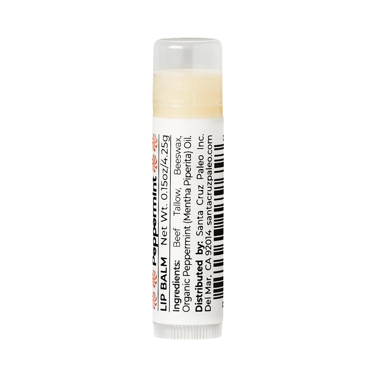 Santa Cruz Paleo balm beside beeswax pellets and peppermint leaf, natural source visualization