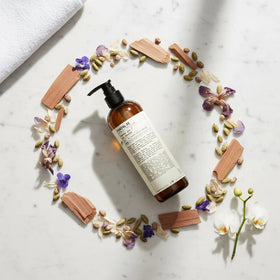 Santal 33 pump dispensing gel into hand showing creamy lather and cleanse benefit