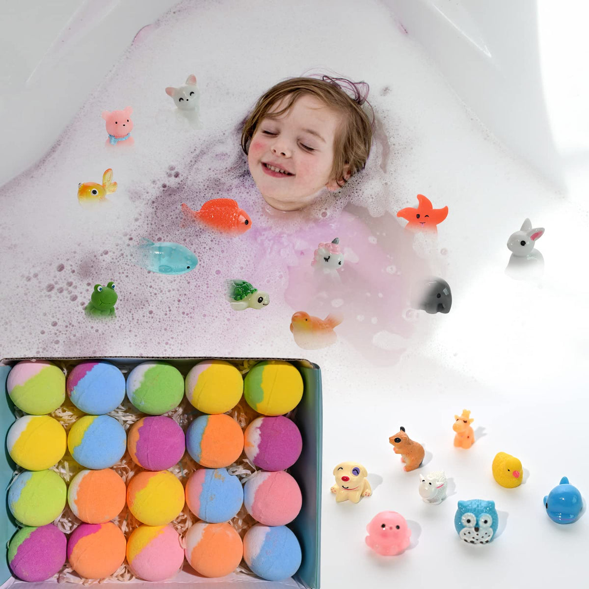 Santrela bath bomb dissolving in tub with bright color, engaging children play