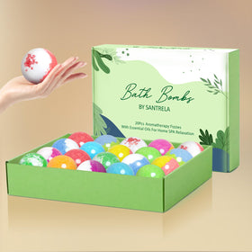 Lifestyle scene of Santrela bath bombs in a bathroom setting creating an at-home spa benefit