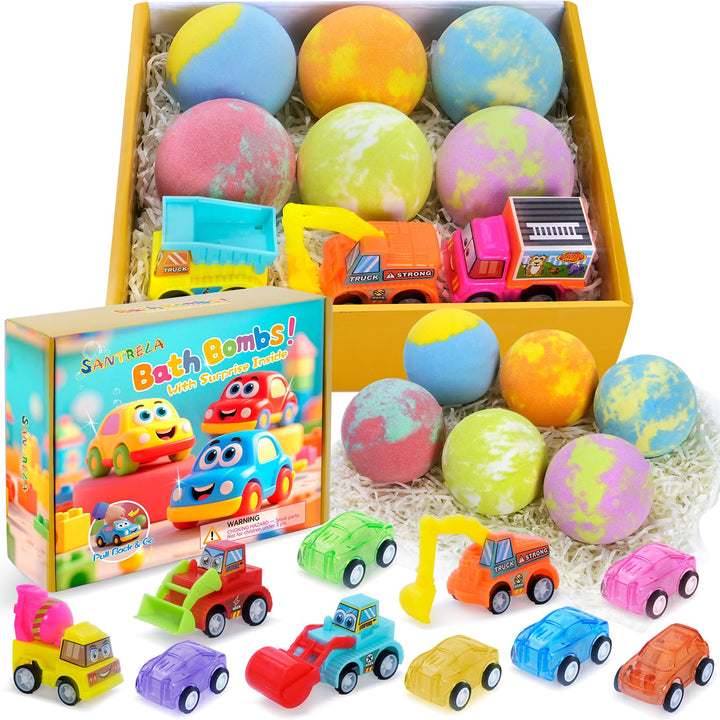 Santrela front packaging showing six individually wrapped bath bombs and toys