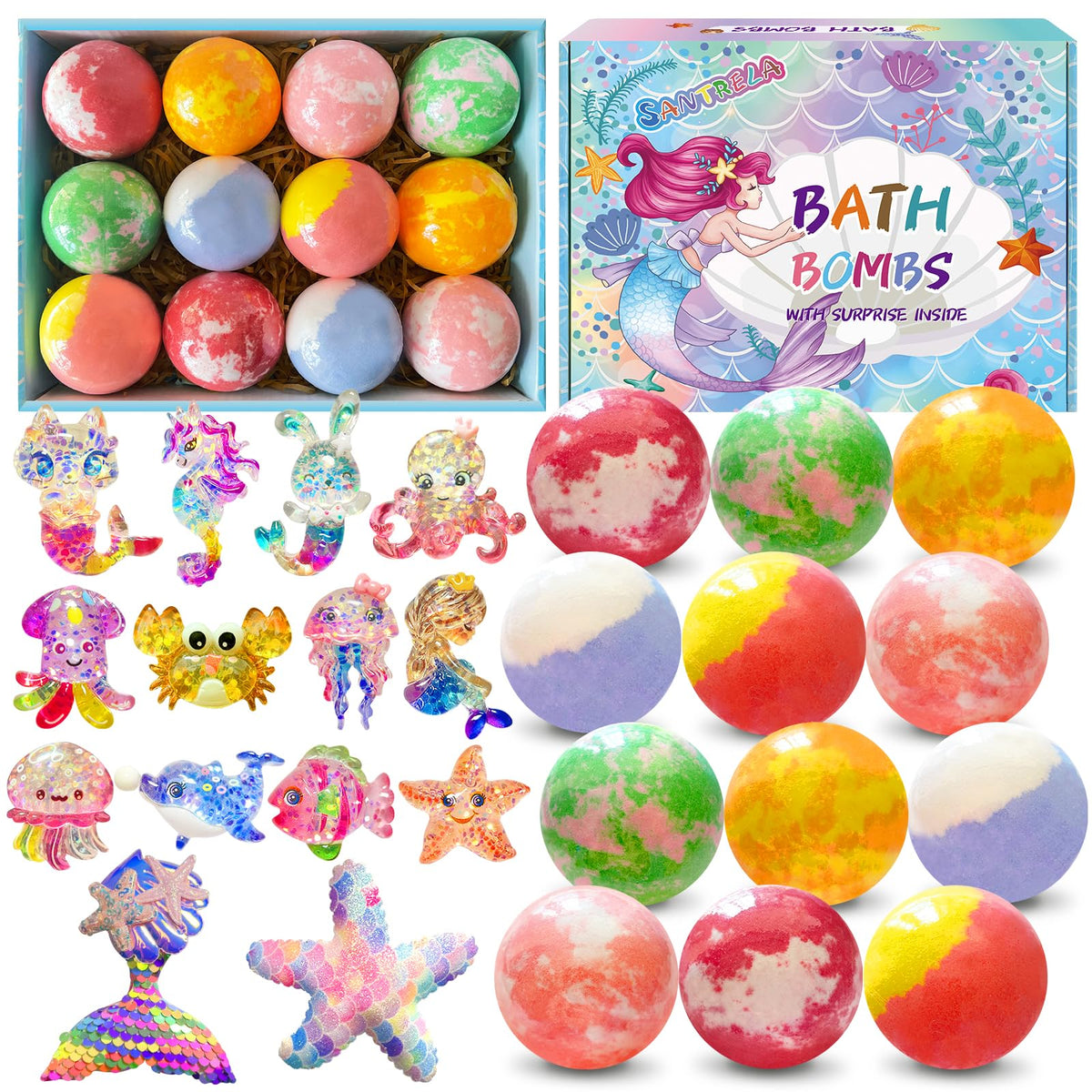 Santrela front packaging box showing 12 colorful bath bombs and branding benefits