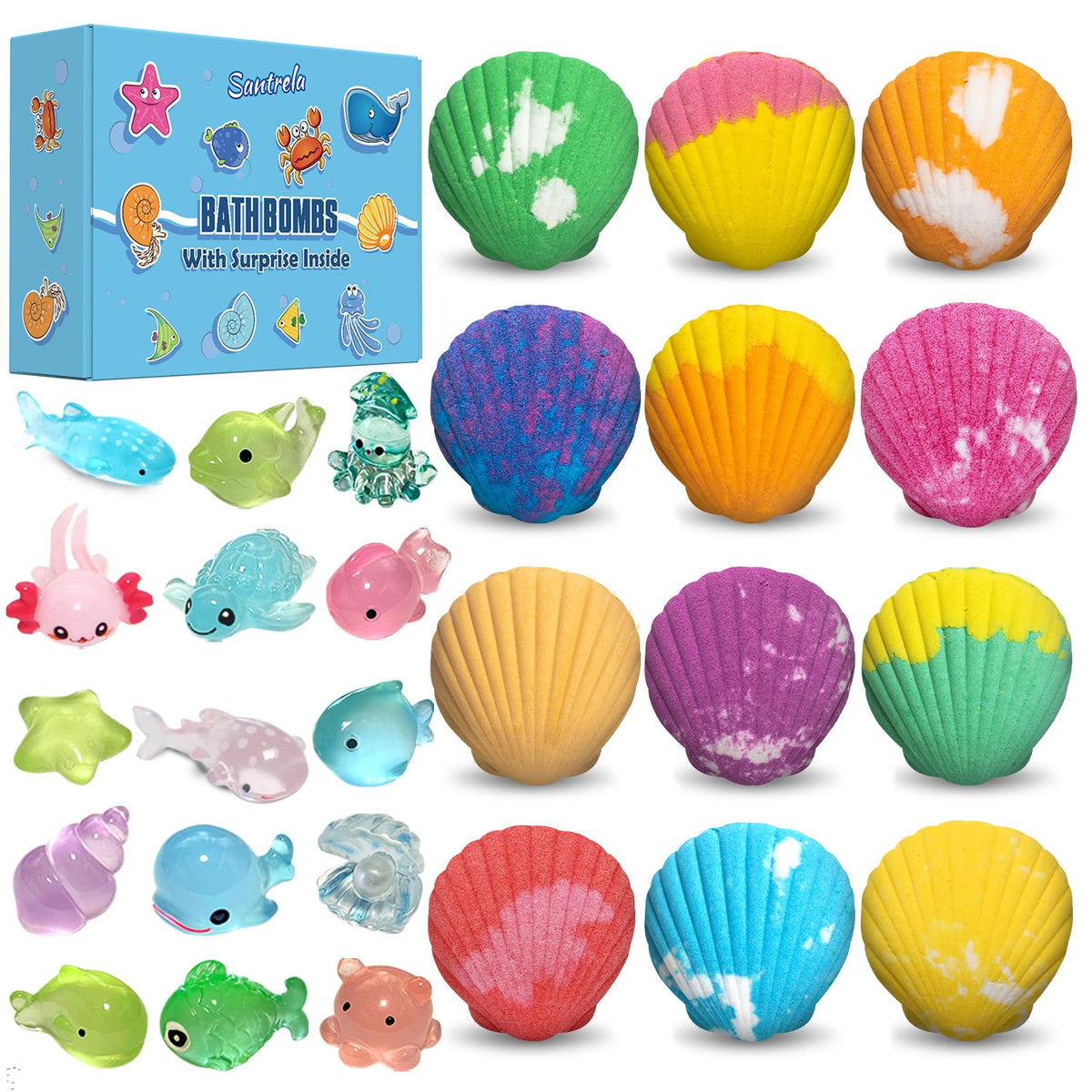 Santrela packaging showing vibrant gift box and twelve shell bath bombs, great for gifting