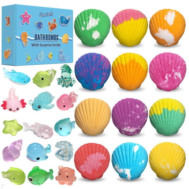 Santrela packaging showing vibrant gift box and twelve shell bath bombs, great for gifting