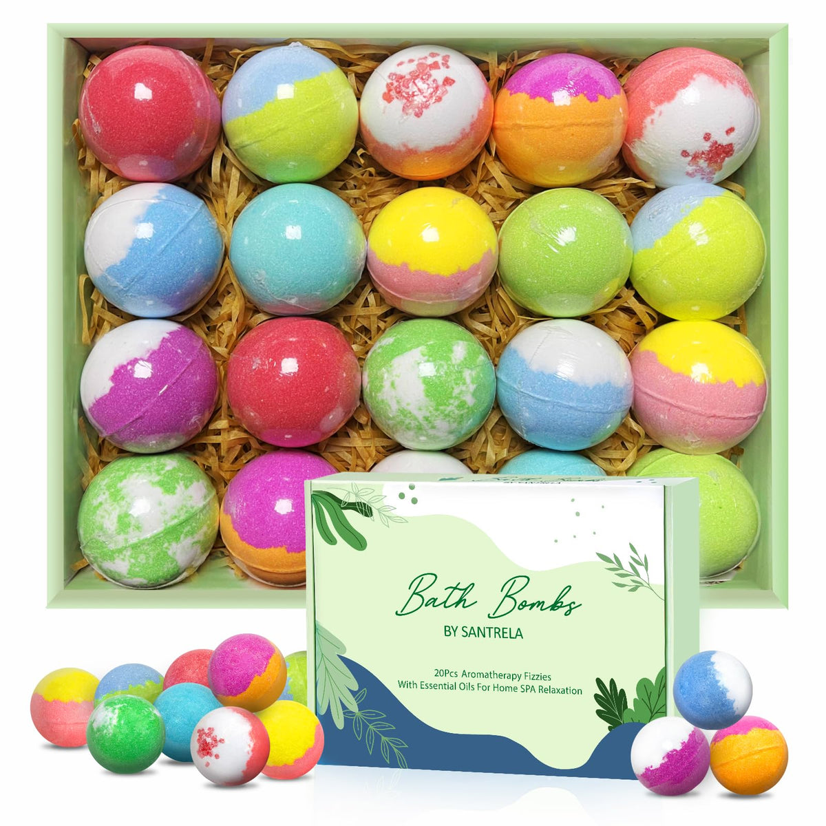 Santrela front packaging showing 20 individually wrapped bath bombs and brand presentation benefits