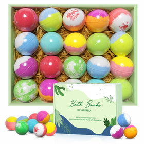 Santrela front packaging showing 20 individually wrapped bath bombs and brand presentation benefits