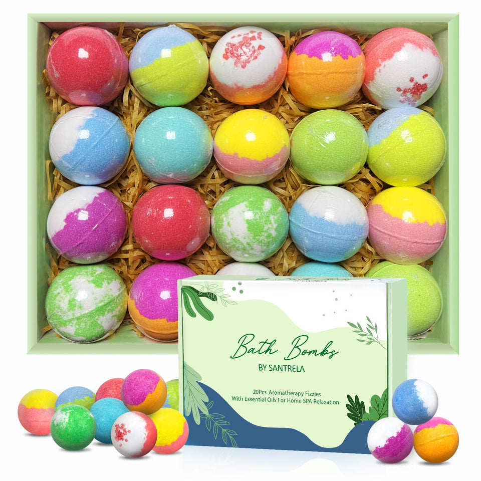 Santrela front packaging showing 20 individually wrapped bath bombs and brand presentation benefits