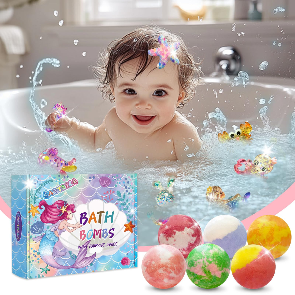 Santrela opened gift box with bath bombs and two sequin hair clips for gifting fun