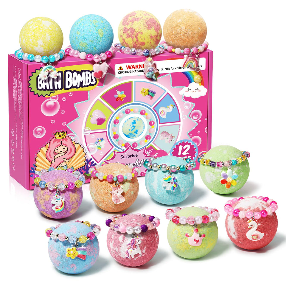 sanyi front packaging showing 12 colorful bath bombs and bracelets benefit playful gifting