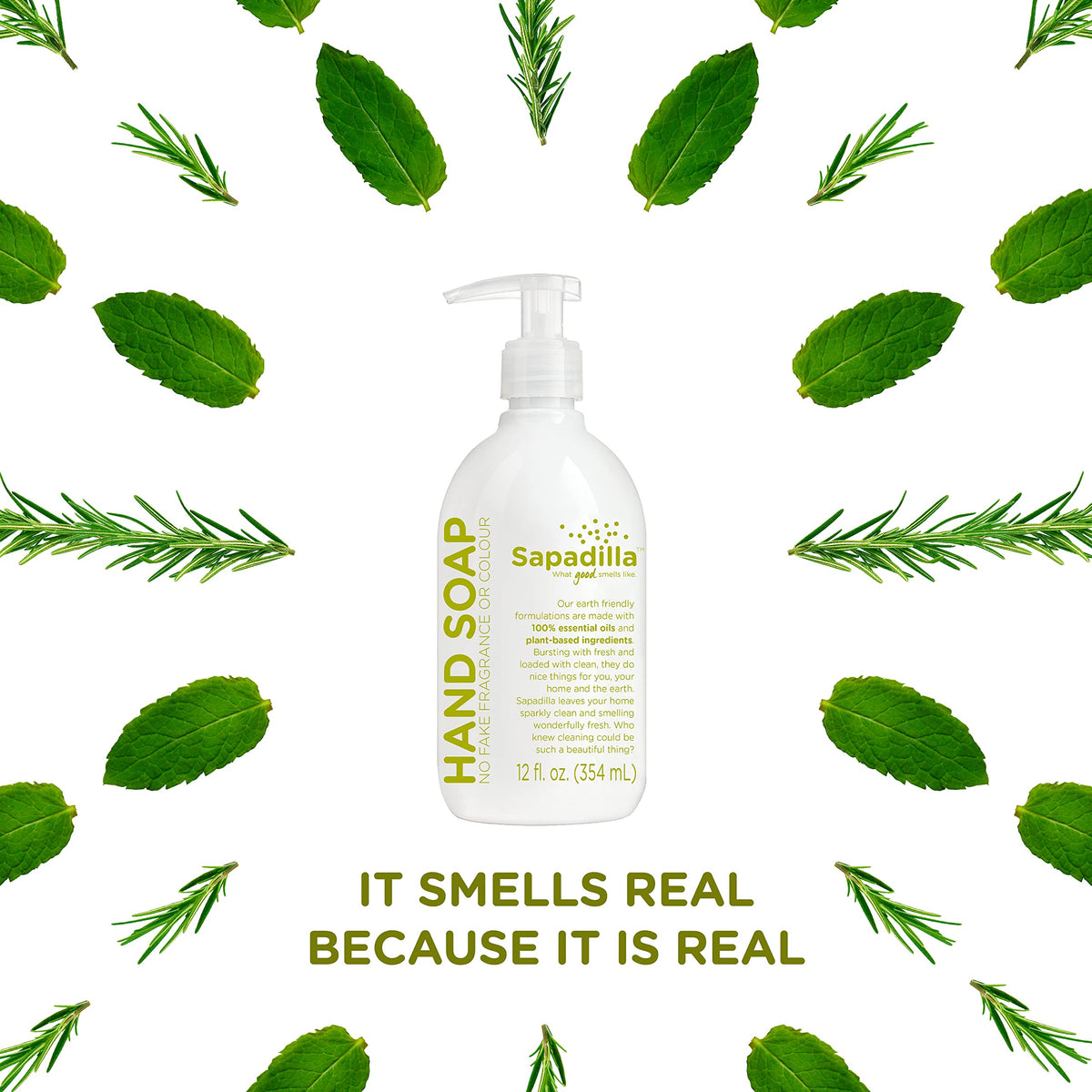 Sapadilla bottle on bathroom counter suggesting aromatic fresh-smelling hands benefit