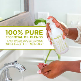 Sapadilla pump dispensing soap with clear view of easy-use benefit