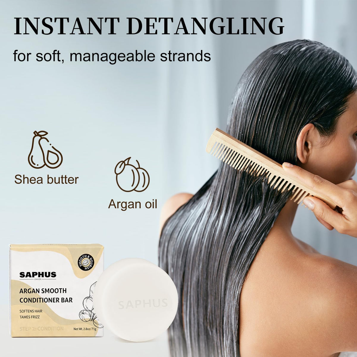 SAPHUS conditioner bar texture close-up for silky detangling benefit