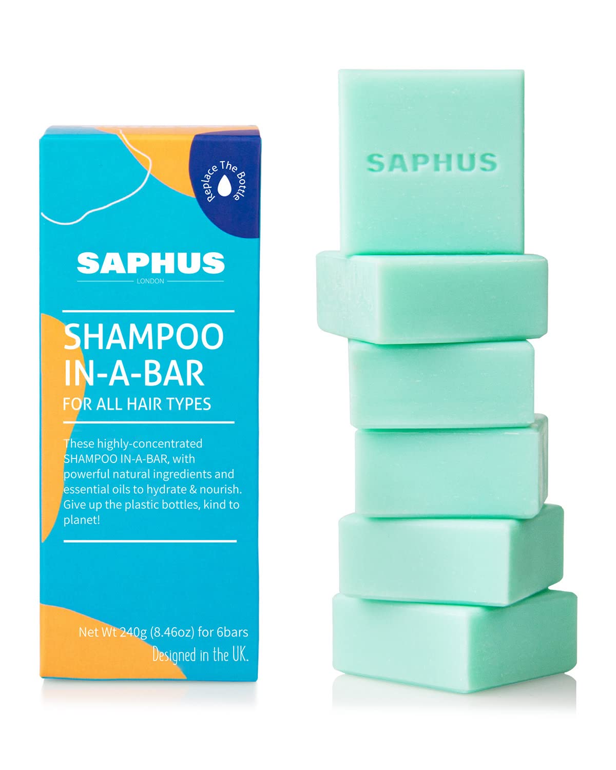 SAPHUS front packaging showing six travel-size bars and eco benefit