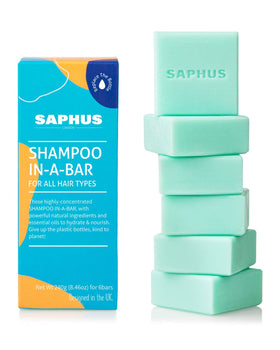 SAPHUS front packaging showing six travel-size bars and eco benefit