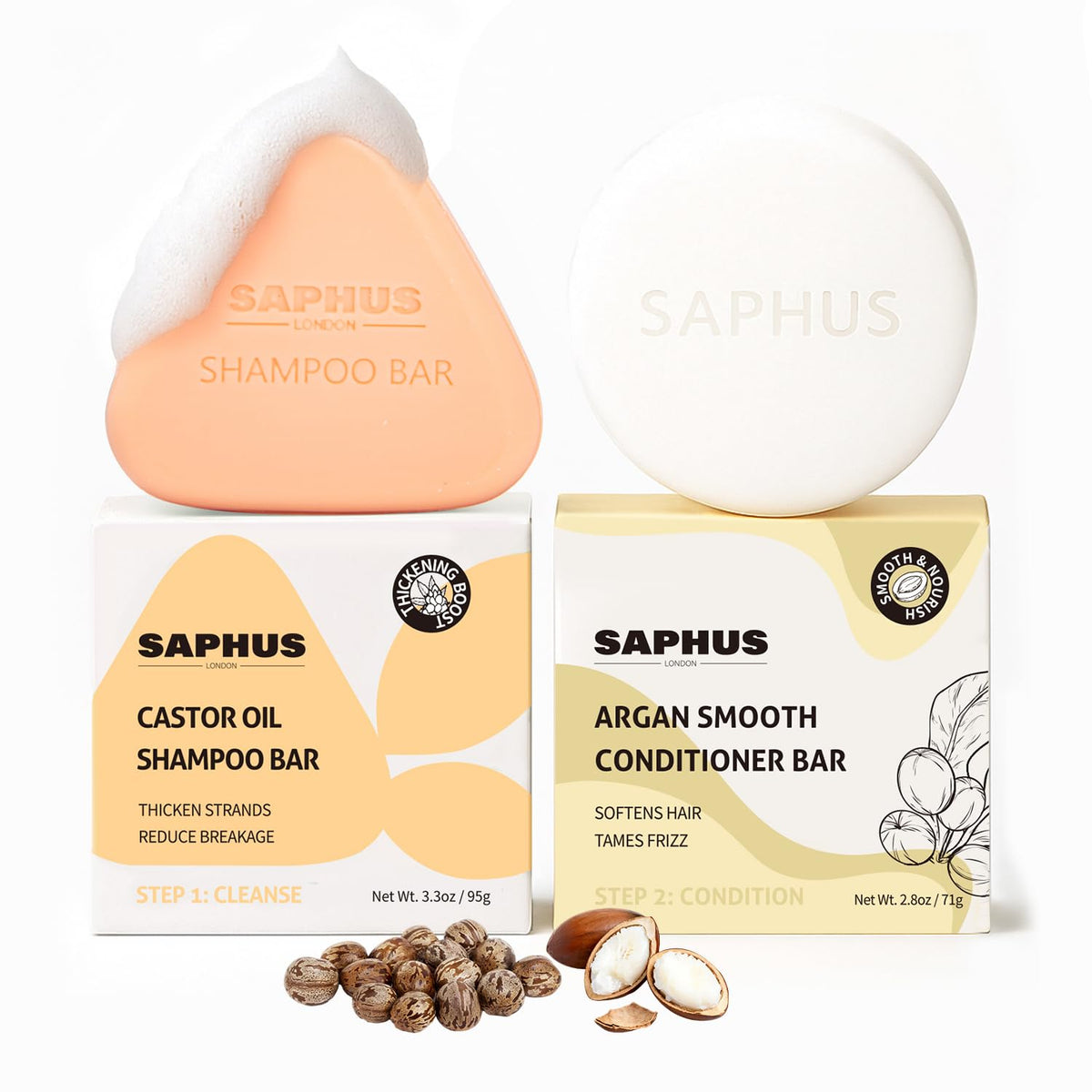 SAPHUS shampoo bar front view showing castor oil benefit
